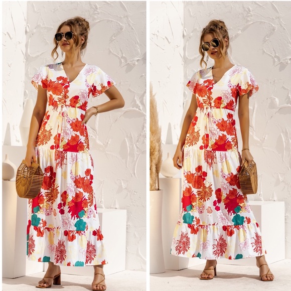 Dresses & Skirts - Red Green Floral Maxi Dress (Ankle Length)
